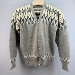 Vintage Hand Knit Norwegian Wool Cardigan Sweater Gray Fair Isle M Men Women L